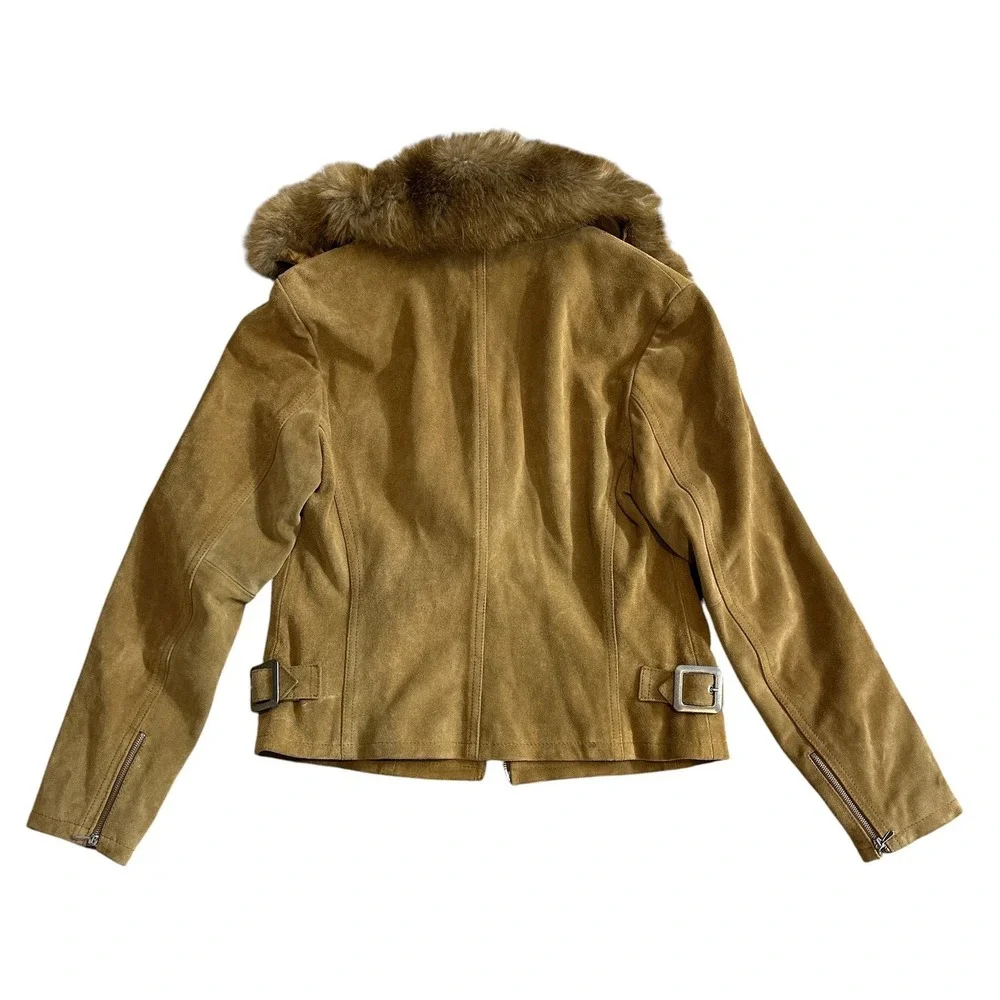 United Colors of Benetton Y2K European Suede Moto Jacket Faux Fur Collar Women38